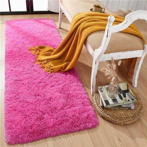 Shag Runner Rug for Bedroom,2x6 Feet Fluffy Rugs with Non-Slip Bottom, Hot Pink - Picture 3 of 6